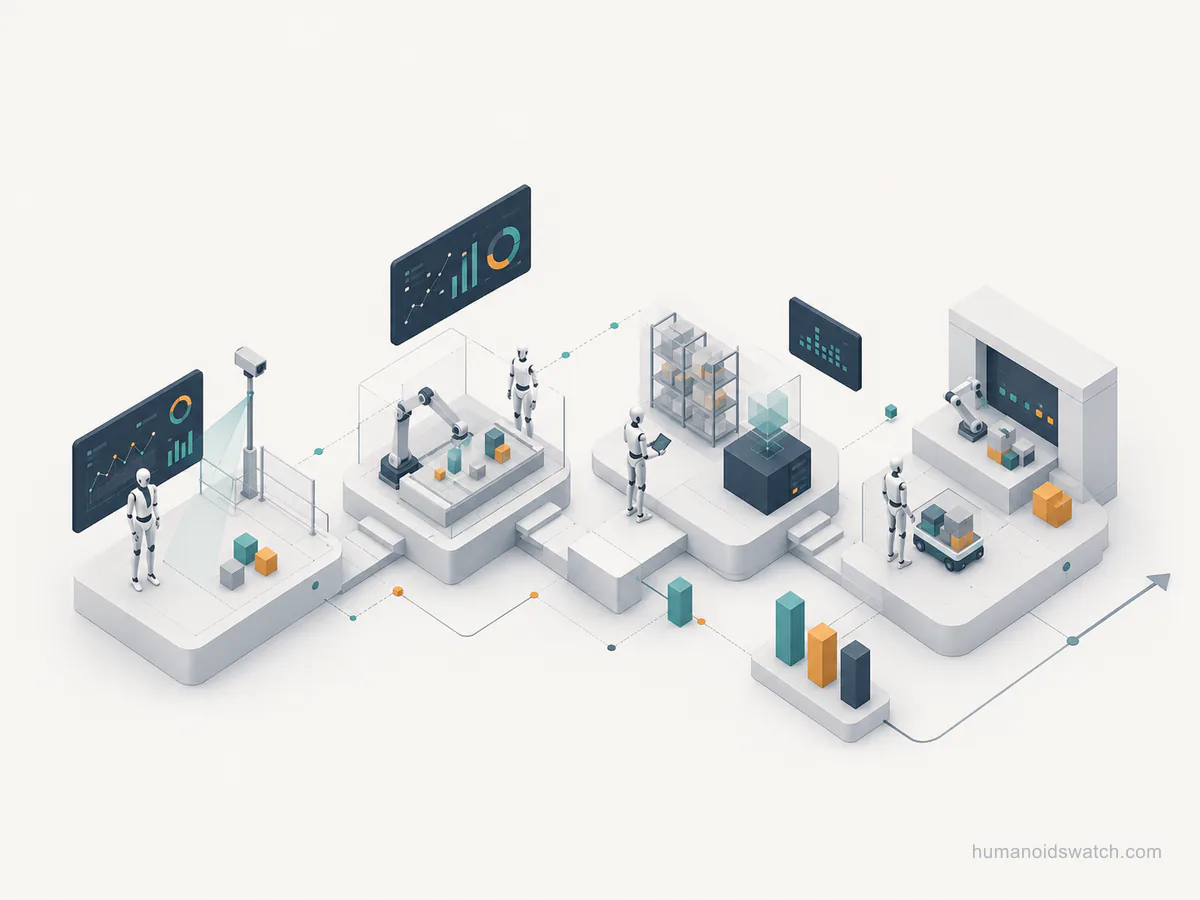 Illustration of humanoid robot deployment evidence across industrial workstations